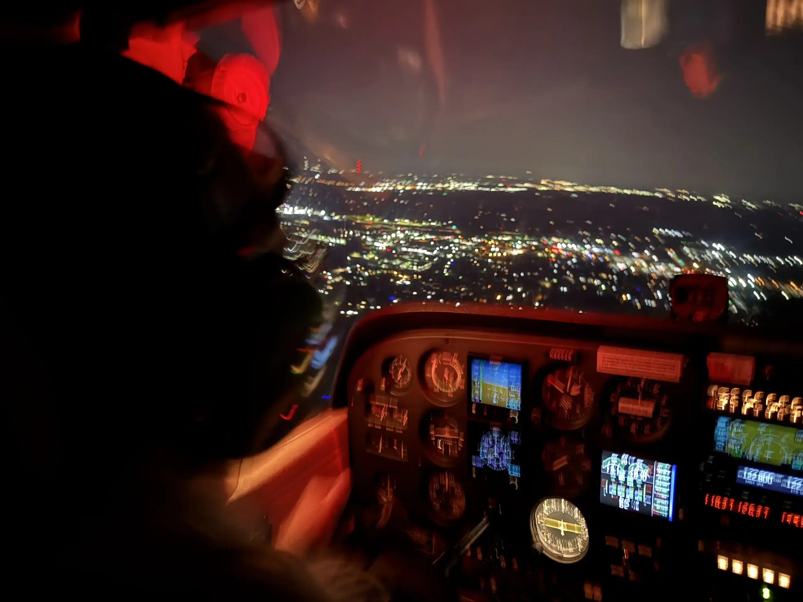 Night cockpit view during a Dayton Aviation Services flight review