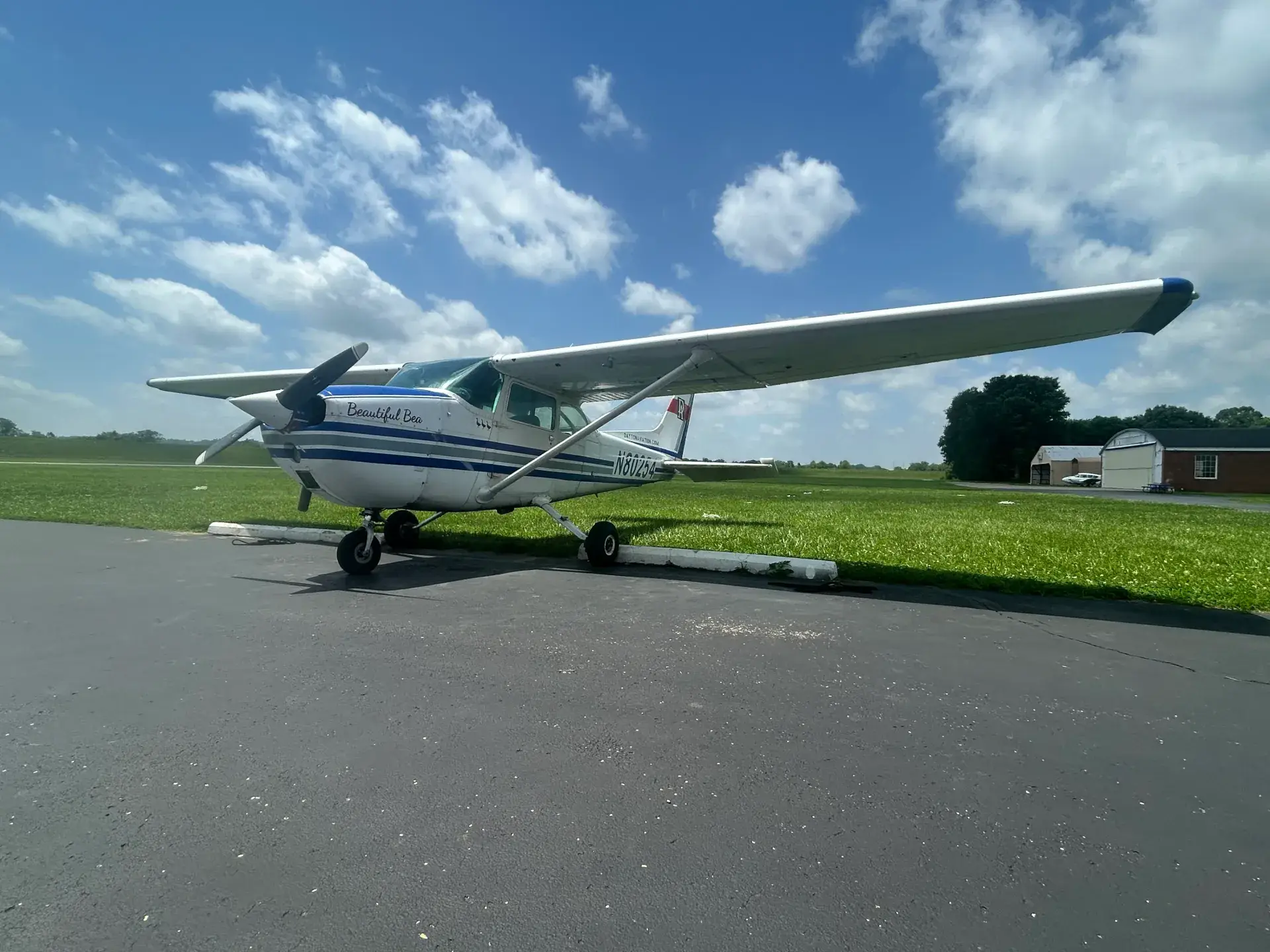 Cessna 172M N80254 Beautiful Bea front diagonal view low angle