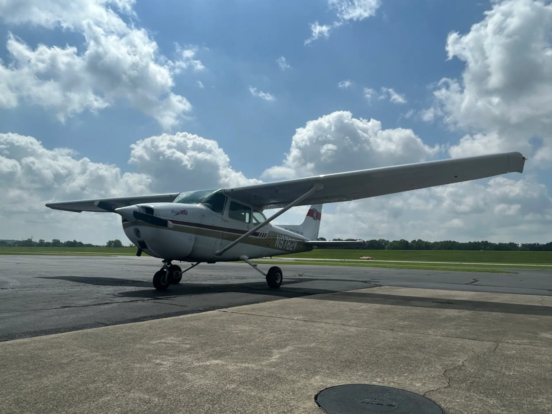 N9782V Cessna 172M Pitter Pat front diagonal view from low angle