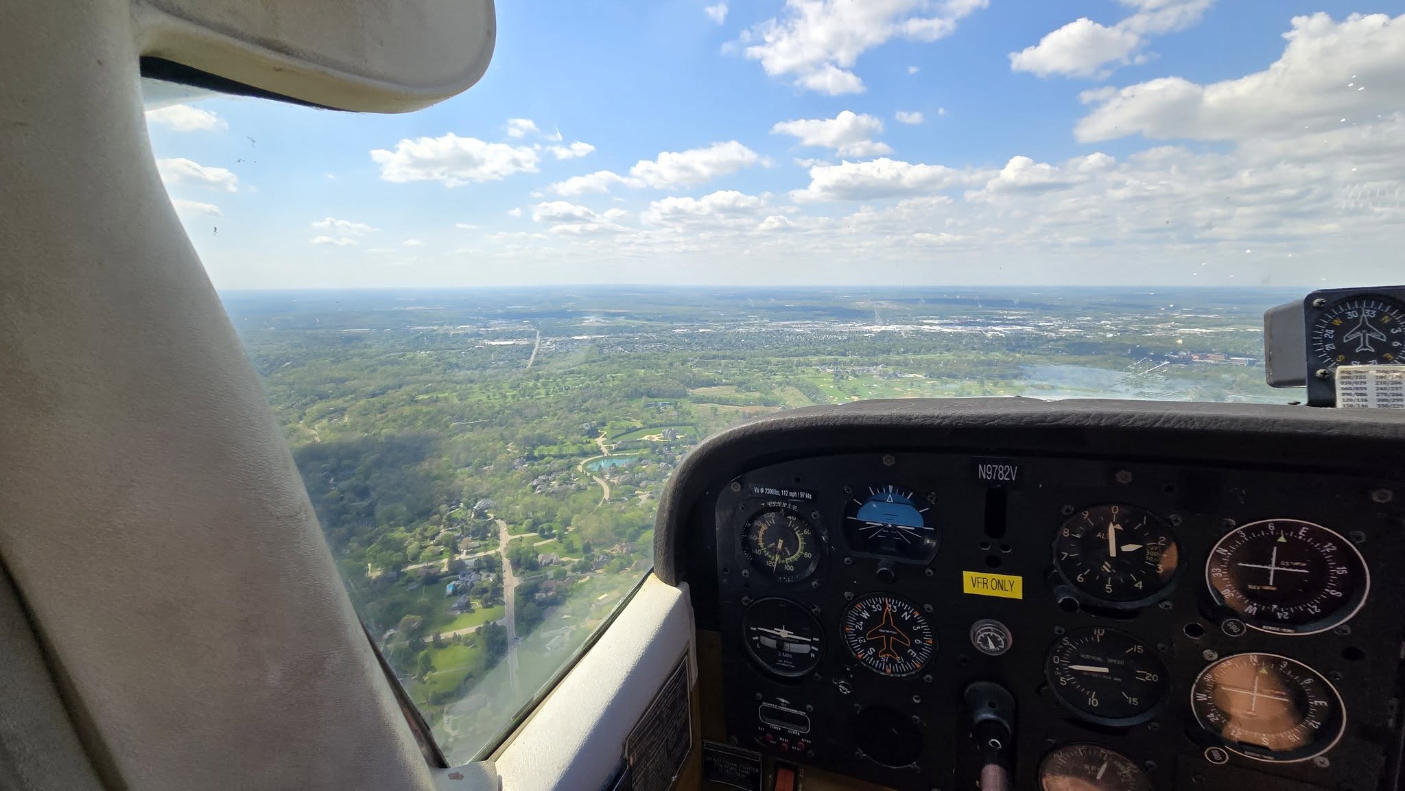 Aircraft instrument panel viewed during a Dayton flight lesson